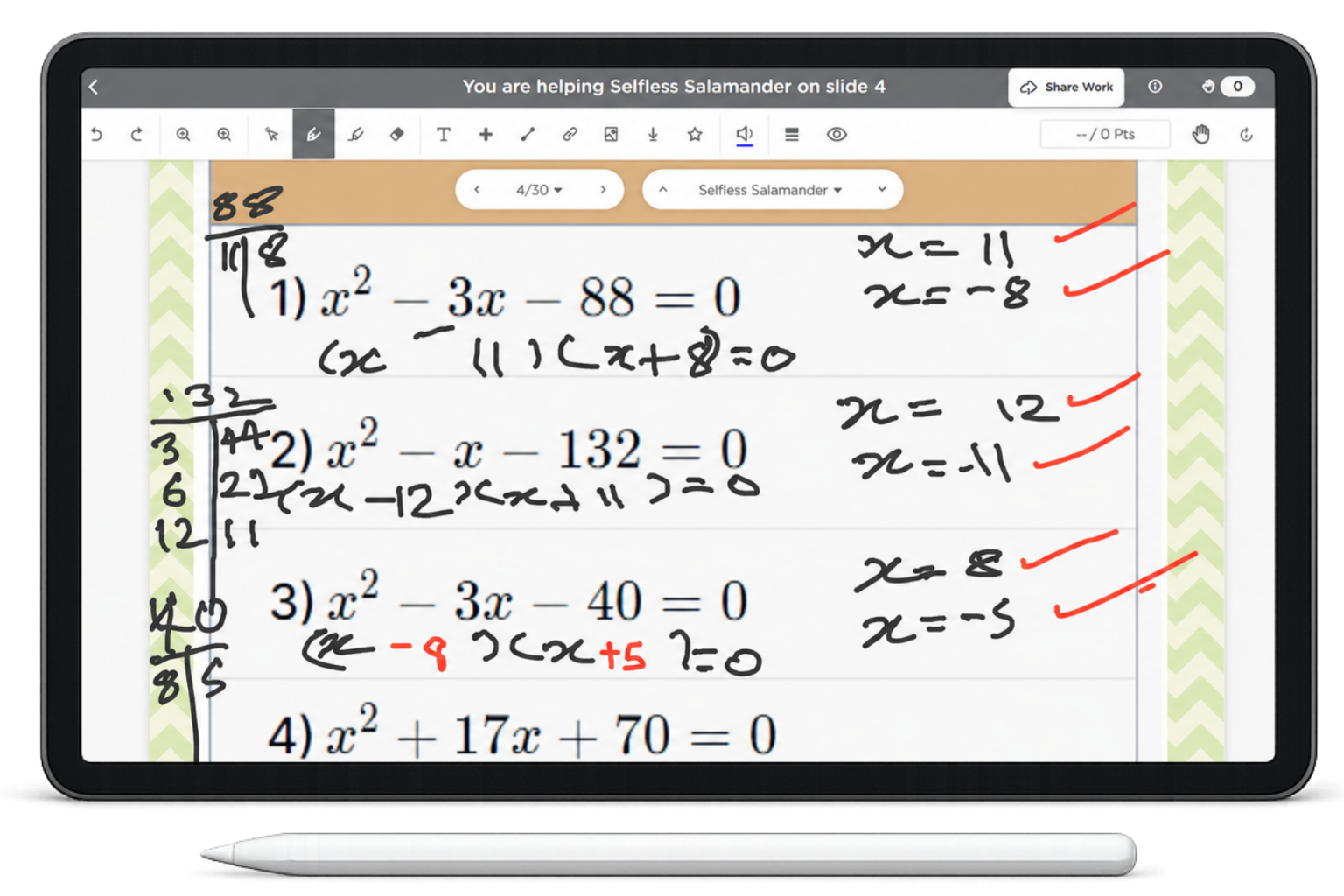 Annotated live lesson work showing how tutors see student thinking in real time and intervene during the lesson