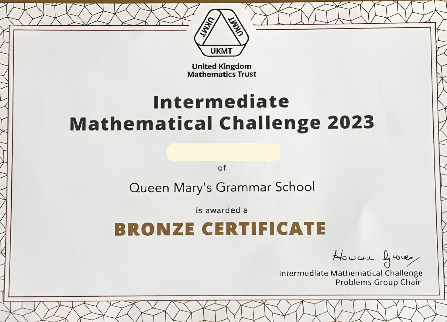 Intermediate Maths Challenge Bronze Certificate awarded to a Jothi Learning student, 2025. Student name blurred for safeguarding.