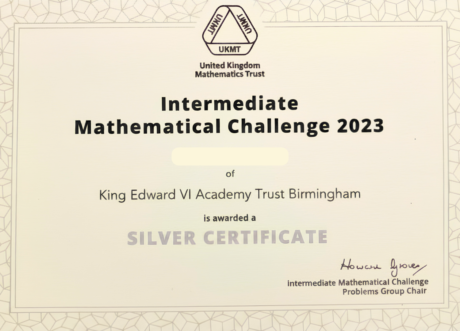 Intermediate Maths Challenge Silver Certificate awarded to a Jothi Learning student, 2023. Student name blurred for safeguarding.