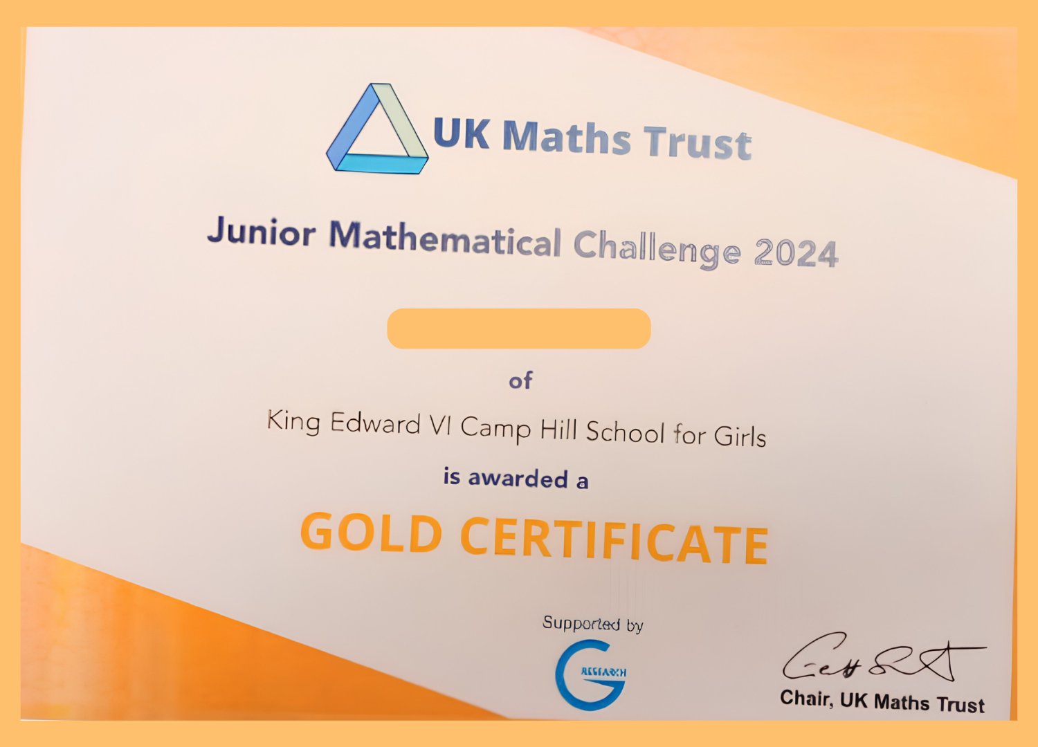 Junior Maths Challenge Gold Certificate awarded to a Jothi Learning student, 2024. Student name blurred for safeguarding.