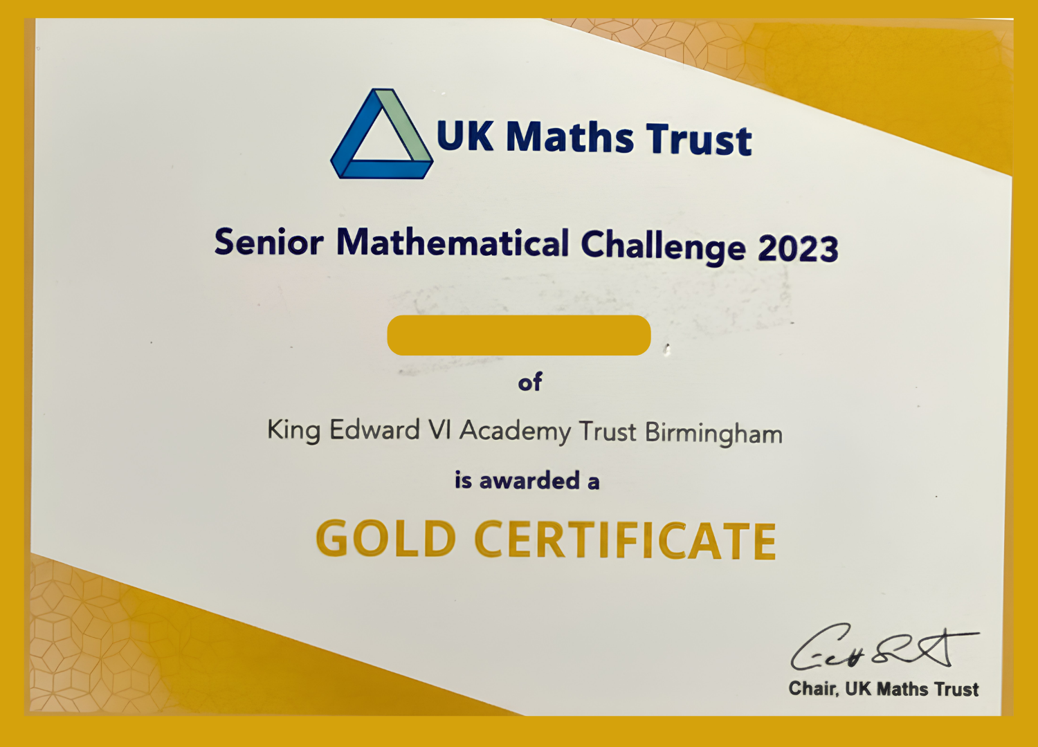Senior Maths Challenge Gold Certificate awarded to a Jothi Learning student, 2023. Student name blurred for safeguarding.
